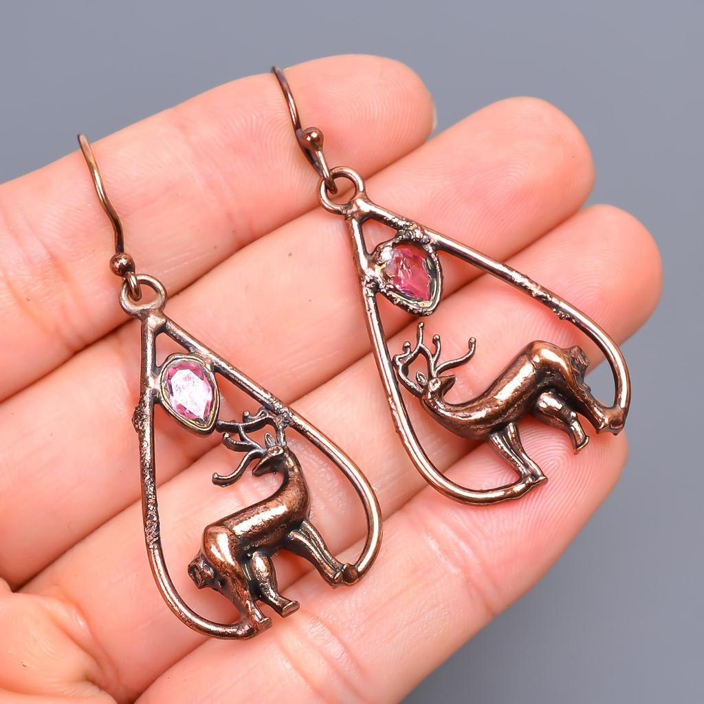 Fancy Pink Amethyst Stone Copper Electroformed Hook Drop Dangle Artisan Earrings V-48