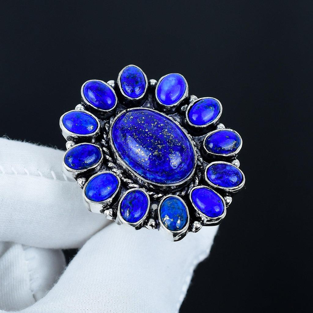 Кольцо с натуральным лазуритом, кольцо из стерлингового серебра 925 пробы, подарок для нее, овальный камень, элегантное кольцо ручной работы, серебряное кольцо с лазуритом в виде цветка, подарок