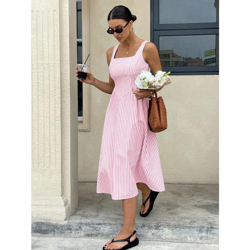 Women Casual Fashion Square Neck Sleeveless Color Block Striped High Waist Long Dress