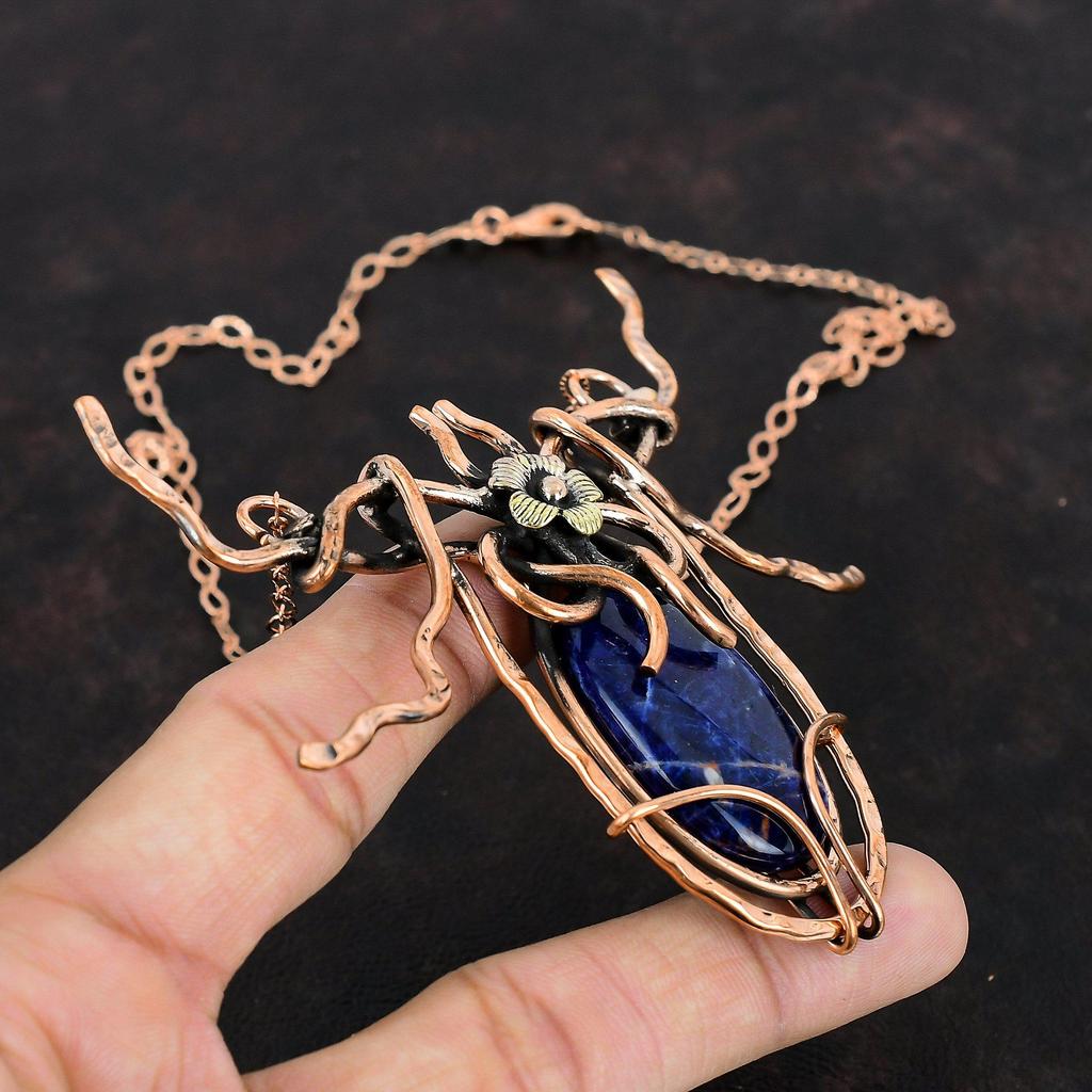 Ожерелье из содалита, ожерелье из медной проволоки, регулируемое цепочное ожерелье, ювелирные изделия из натуральных драгоценных камней, ожерелье ручной работы, медные украшения для подарков