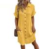 Women Button Down Shirt Dress Short Sleeve V Neck Long Blouse Loose Knee Length Midi Dress with Pocket