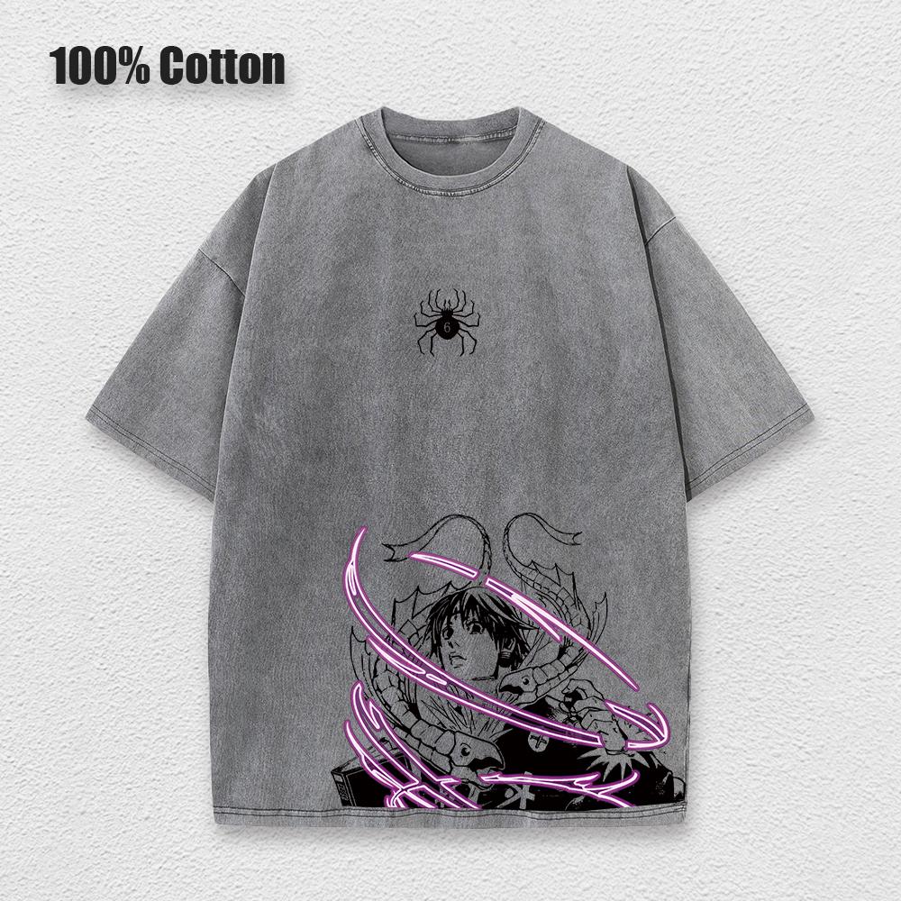 Аниме Hunter X Hunter Хисока и Хролло Логотип Выстиранная Графическая Футболка Мужская Винтажные Футболки Повседневный Хлопок Уличная Одежда Топ