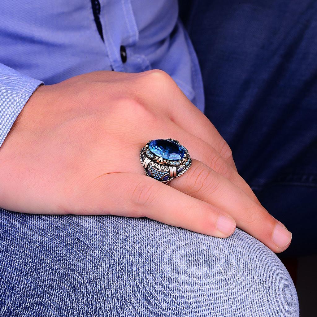 Elegant 925 Sterling Aquamarine Men's Ring,  Luxurious Handcrafted Turkish Design,  Stylish and Sophisticated Men's Gift