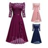 Sexy Gown Dress Off Shoulder Waist-Hugging Midi Dress Lace Splicing Half Sleeve Irregular Ruffle Hem Chiffon Dress