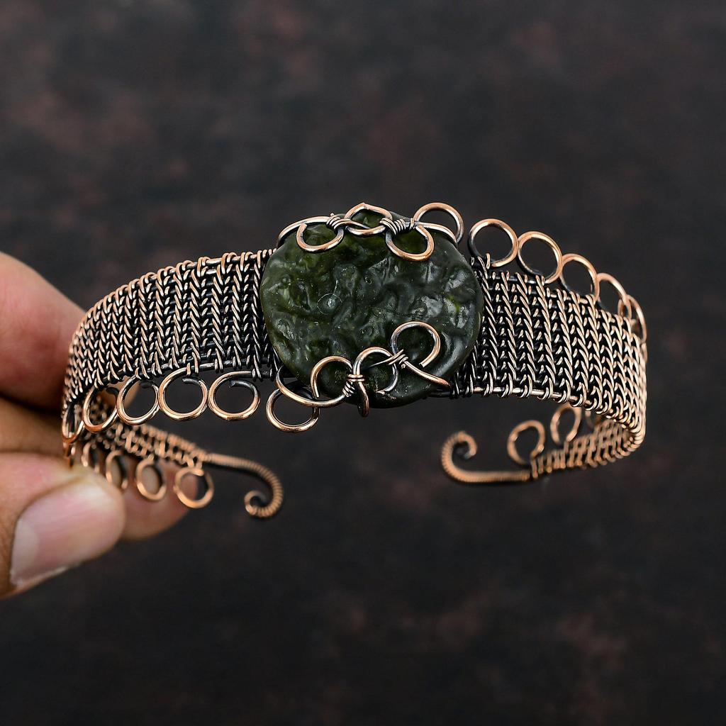 Moldavite Bangle Copper Wire Wrapped Adjustable Cuff Bracelet Handmade Bangle Copper Wire Wrap Jewelry Gemstone Cuff Bracelet Gift For Mom