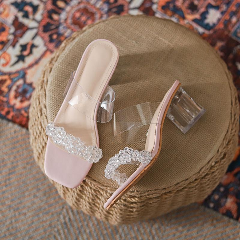 Модные прозрачные ПВХ сандалии женские на высоком блочном каблуке шлепанцы туфли женские прозрачные на каблуке шлепанцы с двойным ремешком шлепанцы хрустальные сандалии