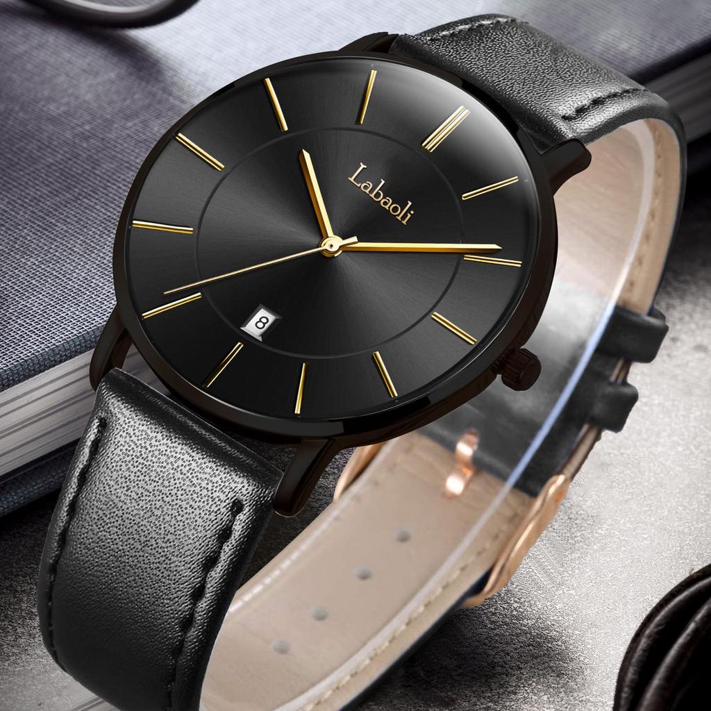 Простые модные повседневные деловые часы с японским кварцевым механизмом, циферблатом 40 мм, ремешком из натуральной кожи, унисекс, черные, мужские, ультратонкие, 6,5 мм (Черный + +