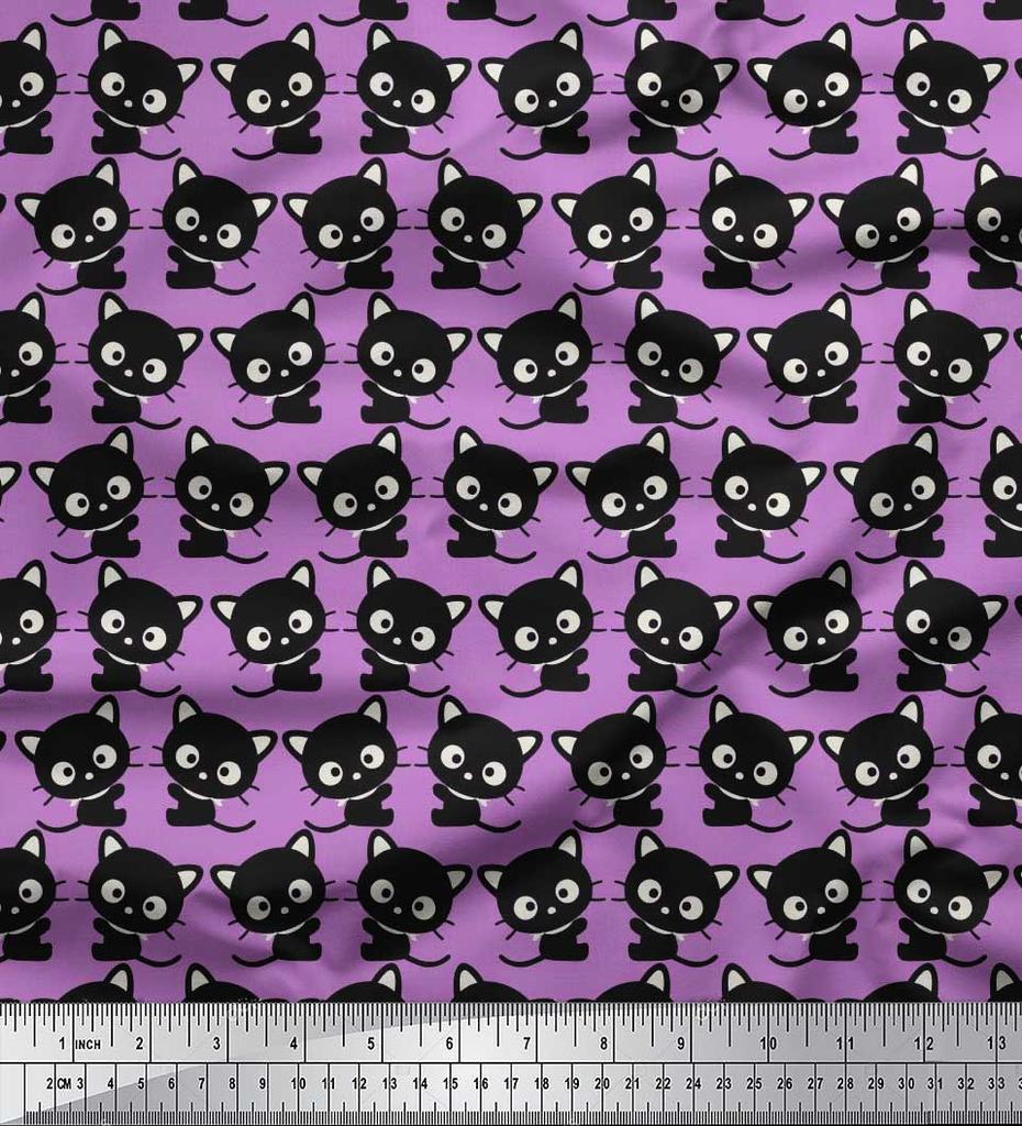 Soimoi Japan Crepe Satin Fabric Cat Cartoon Print Fabric by metre 42 Inch