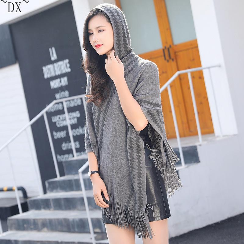 DX~~ осенне-зимний новый вязаный кашемировый плащ из тонкой шерсти, шаль с капюшоном, черно-белая шаль с геометрическим рисунком, соответствующая цвету