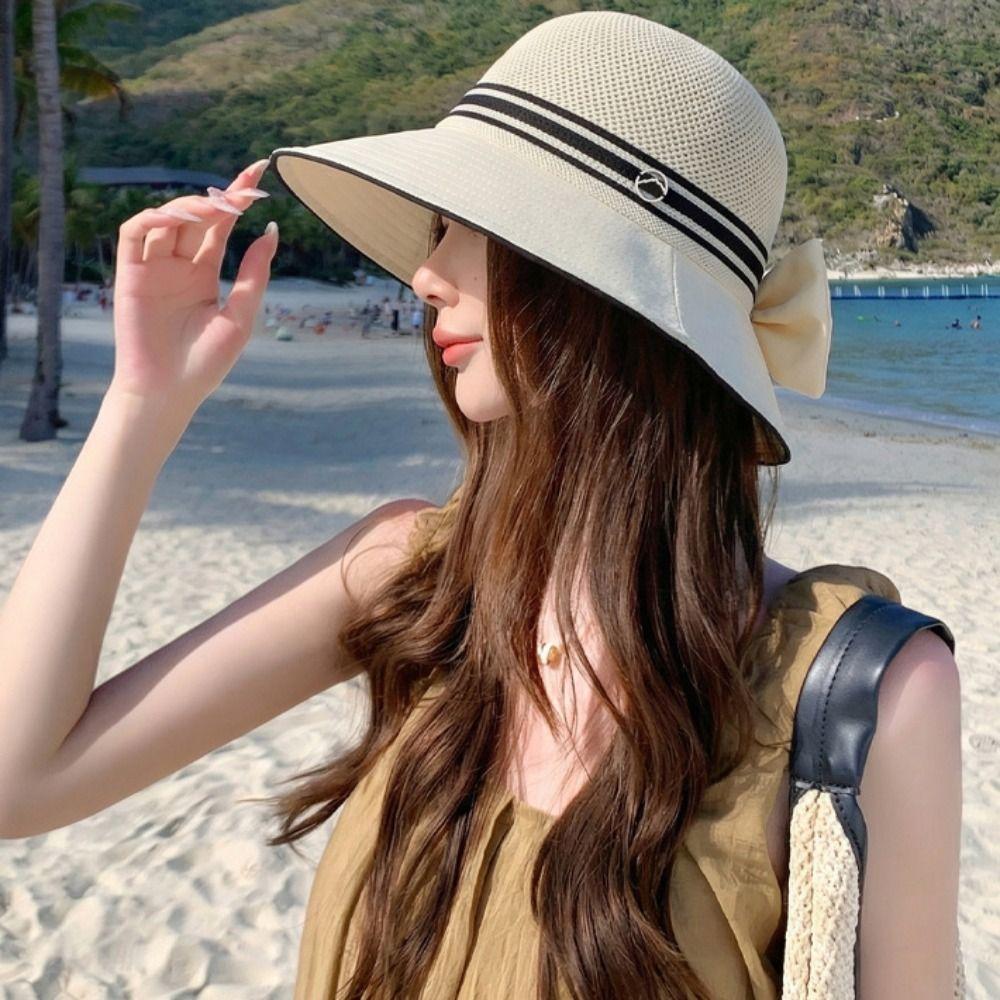 Weave Bow Fisherman Hat Large Bow Sunscreen Bucket Hat Elegant Women Sun Hat  Riding