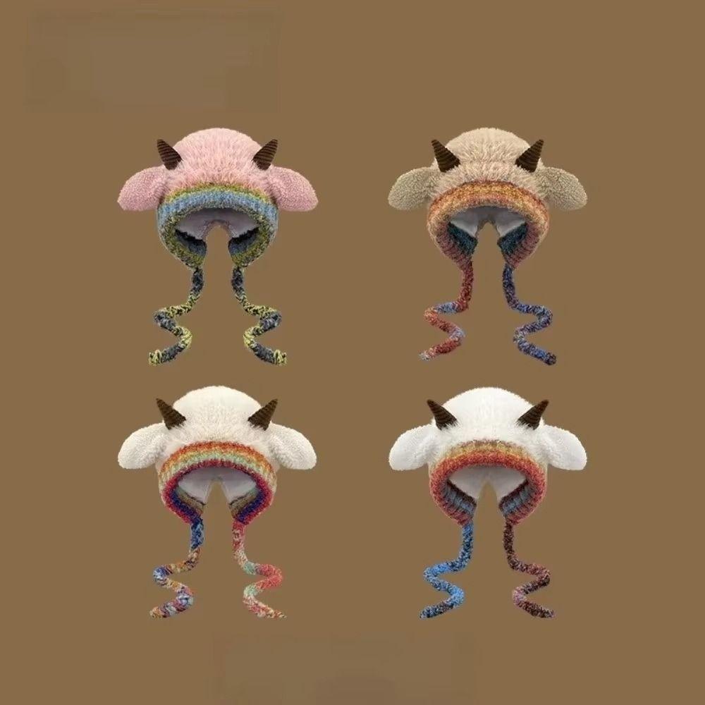 Мультяшная шапка с защитой ушей, мягкая женская пушистая шапка, подарки, шапка-бини из овечьей шерсти, для велоспорта и езды