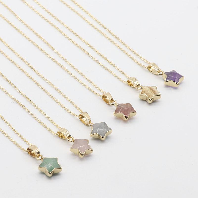 Dainty Natural Stone Gold Plated Star Gemstone Pendant Charm Pentagram Crystal Stone Pendant Necklace for Women Gift