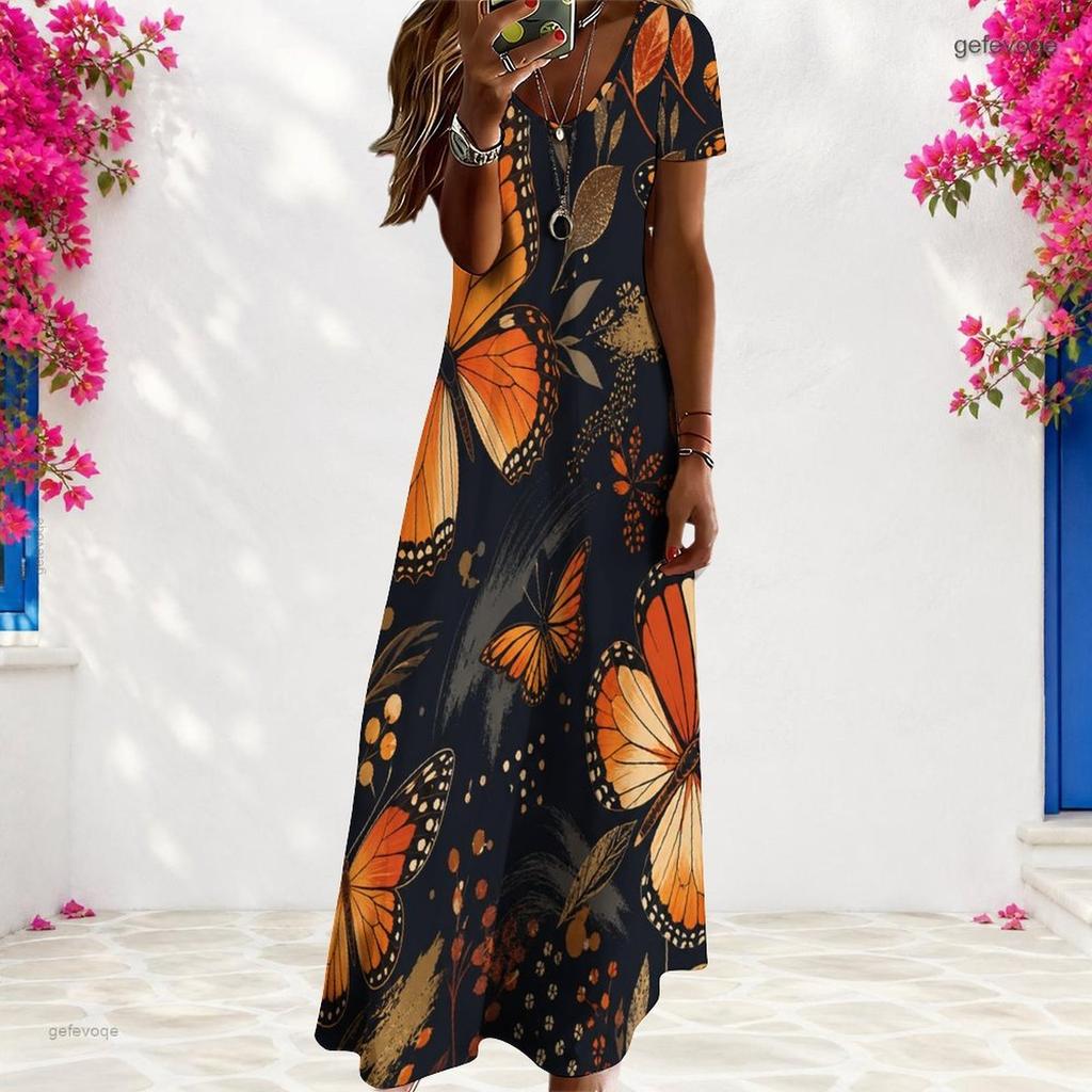 Women Plus Size V Neck Short Sleeve Butterfly Floral Printed Straight Maxi Dress
