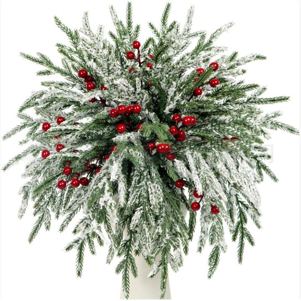 Artificial Norfolk Pine Branch Holiday Vase with 20 Pine Branches and 10 Red Berry Stems DIY Wreath Christmas Decoration