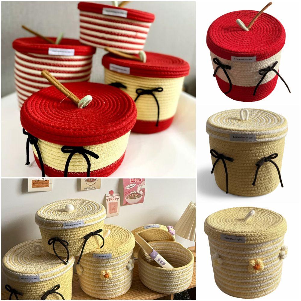 Red White Storage Basket Cotton Tead Woven Handmade Woven Basket Cartoon Design Versatile Function Organizer Basket
