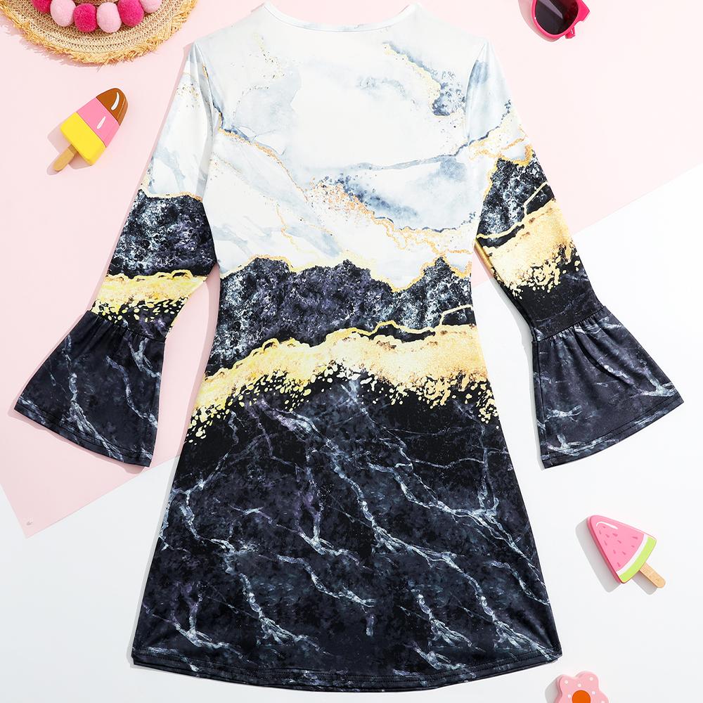 Girl Casual 3D Cute Cat Print Round Neck Long Sleeve Dress Kid Princess Dress