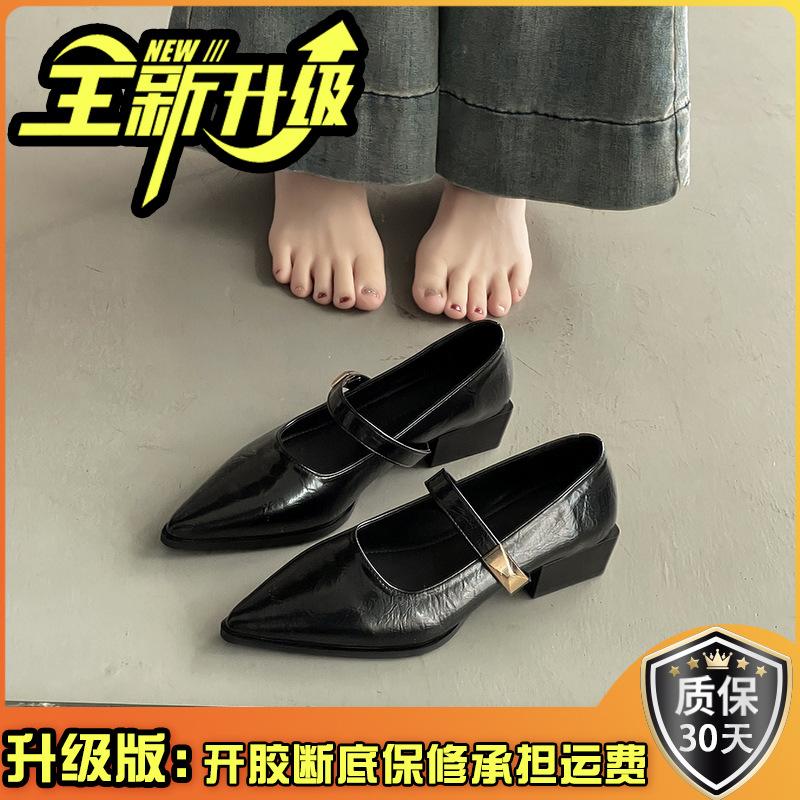 Shallow mouth word with pointed thick heel high heels spring and summer French medium heel Mary Jane shoes commuter women's shoes