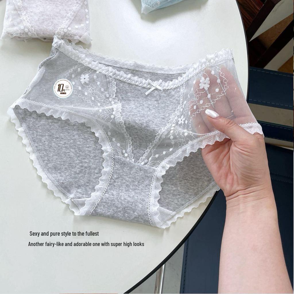 10A Antibacterial Korean Lace Sexy Girl's Cotton Panties with Silk Crotch - Mid-Rise Triangle Fit