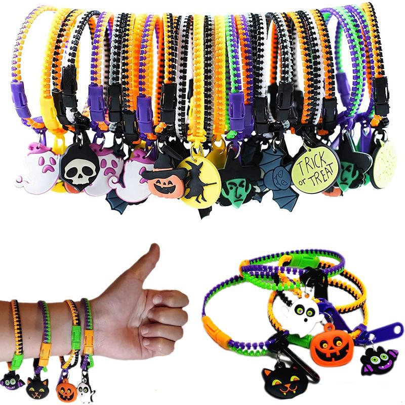 5/30/50Pcs Halloween Zipper Bracelets Sensory Toys Pumpkin Skull Stress Relief Bracelets Halloween Gift Bulk For Boys Girls