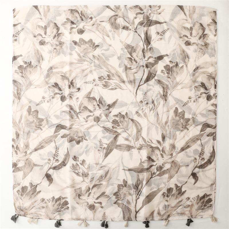 Весна-лето Новый женский бежевый цветочный шарф с кисточками Повседневный газовый платок для путешествий и отпуска Пляжное полотенце