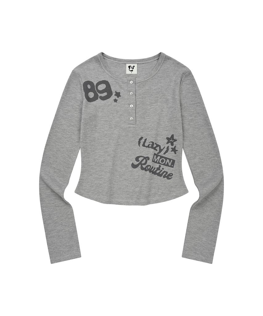 LMR Lettering Graphic Waffle Henley Neck Long Sleeve T-Shirt Grey