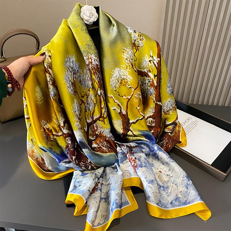 Design Satin Silk Shawl Hijab Scarf Women Fashion Summer Sunscreen Beach Stole Wraps Bufanda Female Headkerchief Echarpe New