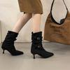 Pointed High-heeled Short Boots Women's 2025 New Autumn Retro Pleated Piled Boots Thin Heels Western Thin Boots