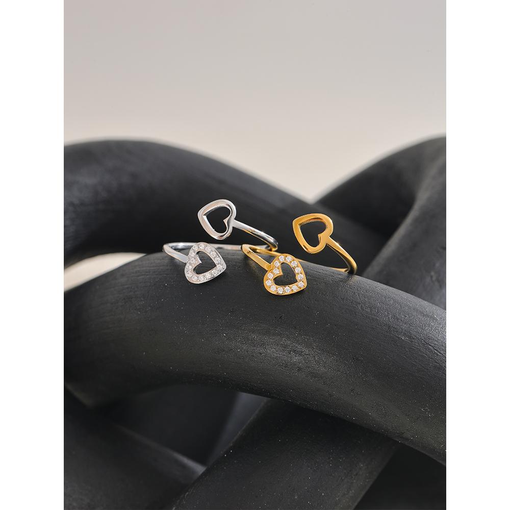 Yhpup Gold & Platinum PVD Plated Stainless Steel Open Adjustable Ring Heart Hollow Fashion Chic Finger Accessories for Women