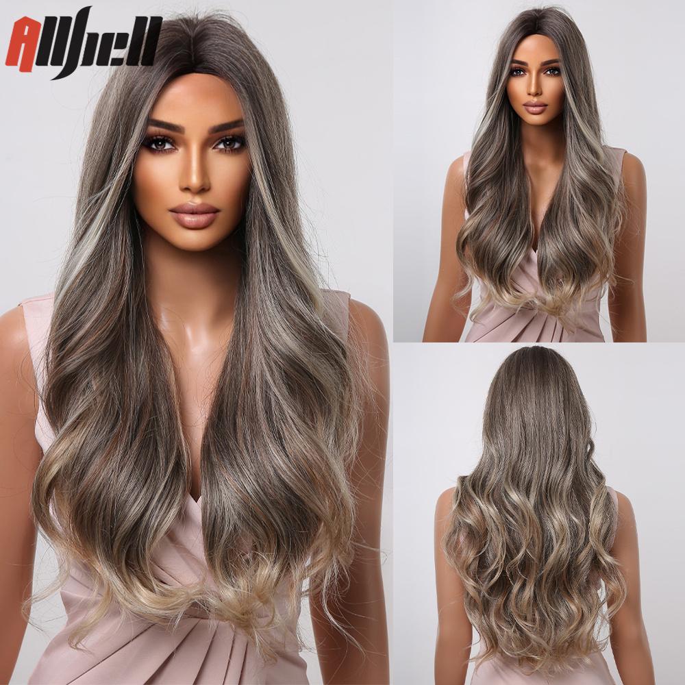 Длинные черные парики из синтетических волос со светлыми челками, естественная волна для женщин, костюм для косплея на Хэллоуин, парик, термостойкий для вечеринок