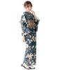 SOUBIEN Yukata Set and Free Navy Blue with Camellia and Greige Women's 3-Piece (Yukata, Half-Width Obi, Geta) Size, (ykt10023-obh10004)