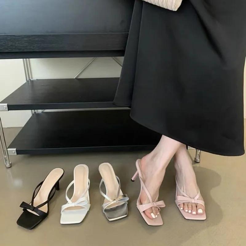 Босоножки на французском каблуке-кошке в стиле феи, летние, прямые, с бантом, квадратный носок, тонкий каблук, элегантные туфли на высоком каблуке для женщин