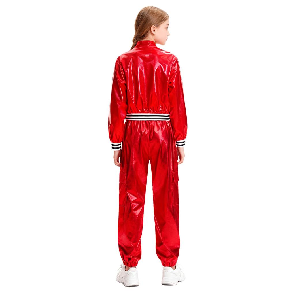 Девочки Металлический Танцевальный Костюм Куртка с Длинным Рукавом Стойка Воротник Детали на Молнии Хип-Хоп Джаз Выступление Брюки