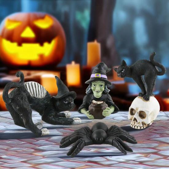 Хэллоуин Черная Кошка Статуэтка Жуткая Статуэтка Ведьмы Смола Паук Животное Скульптура Домашний Офис Настольное Украшение Орнамент Фестиваль Подарок