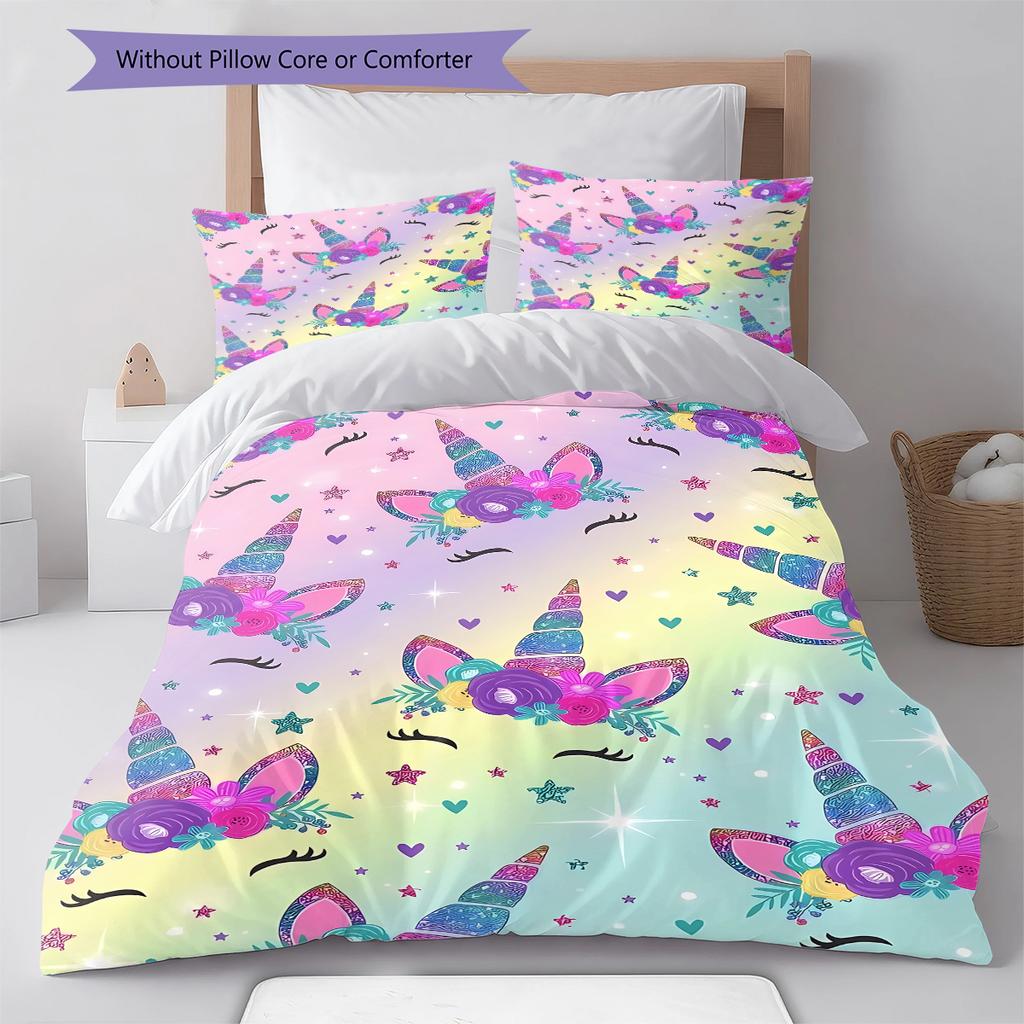 Colorful Uni-horse Pattern Bedding Quilt Set Quilt Cover Pillowcase Home Decoration Gift (1 * duvet cover + 2 * pillowcase, without core)
