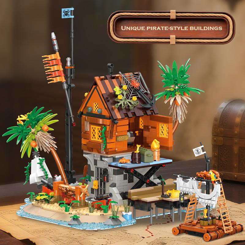 1487Pcs Pirate Series Rock Bay Moc Building Blocks Set Diy Architectural Model Assembly Toy Creative Ornament Kids Birthday Gift