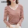 Spring and Autumn Women's Blouse V Neck Fashion Stripe Slim Long Sleeve Top