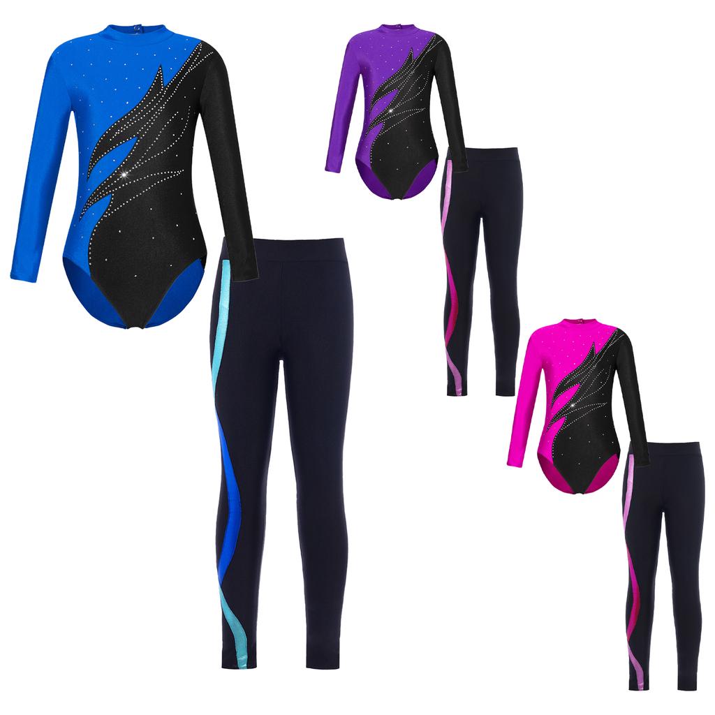 Kids Girls 2Pcs Skating Clothing Long Sleeve Mock Neck Leotard with Leggings Set for Dance Training Wear