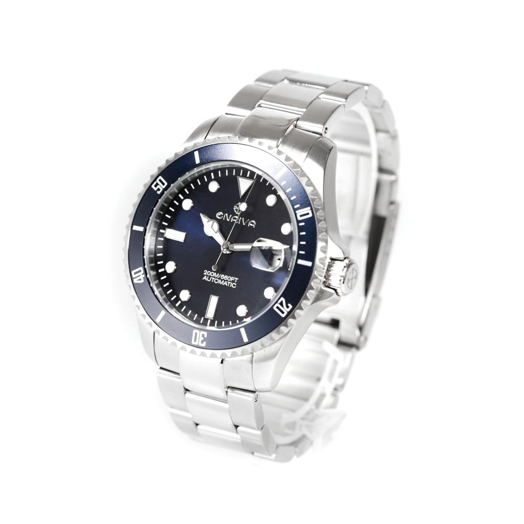 ENRIVA Men's 200m Water Resistant Diver Automatic Watch with Stainless Steel Band, Professional Japanese-Made Automatic Watch with Three Hands, Date
