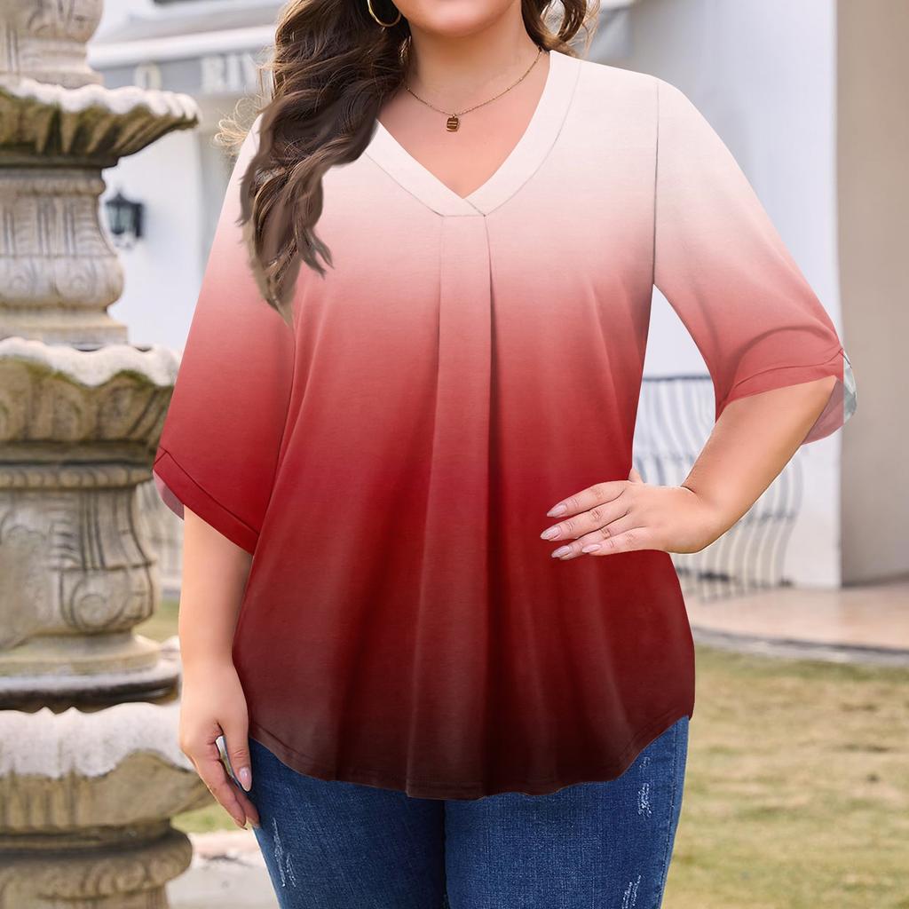 Women's Fashion Large Size Printed V-Neck Three-quarter Sleeve Top