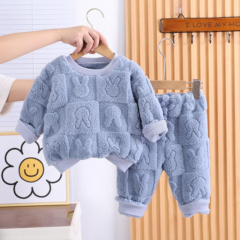 2 dona Bolalar Pijama To'plami Kuz Qish Qalin Issiq O-bo'yin Bir xil Rangli O'g'il Qizlar Termal Ichki Kiyim Uzun Yengli