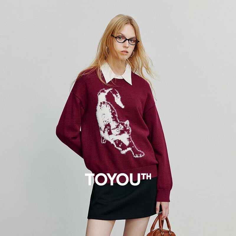 Chuyu Women's Cat Jacquard Round Neck Sweater