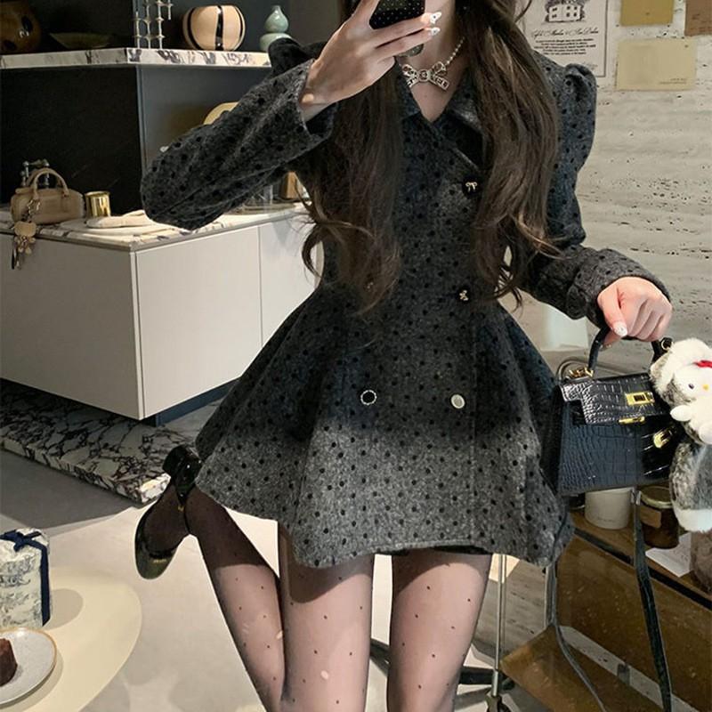 Womens Polka Dot Blazer Dress Long Sleeve A-line Skirt Double Breasted Waist Slim Short