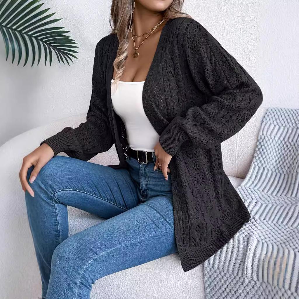GMXIA Autumn and Winter Casual Solid Color Openwork Long-sleeved Cardigan Sweater Jacket Women's Wear