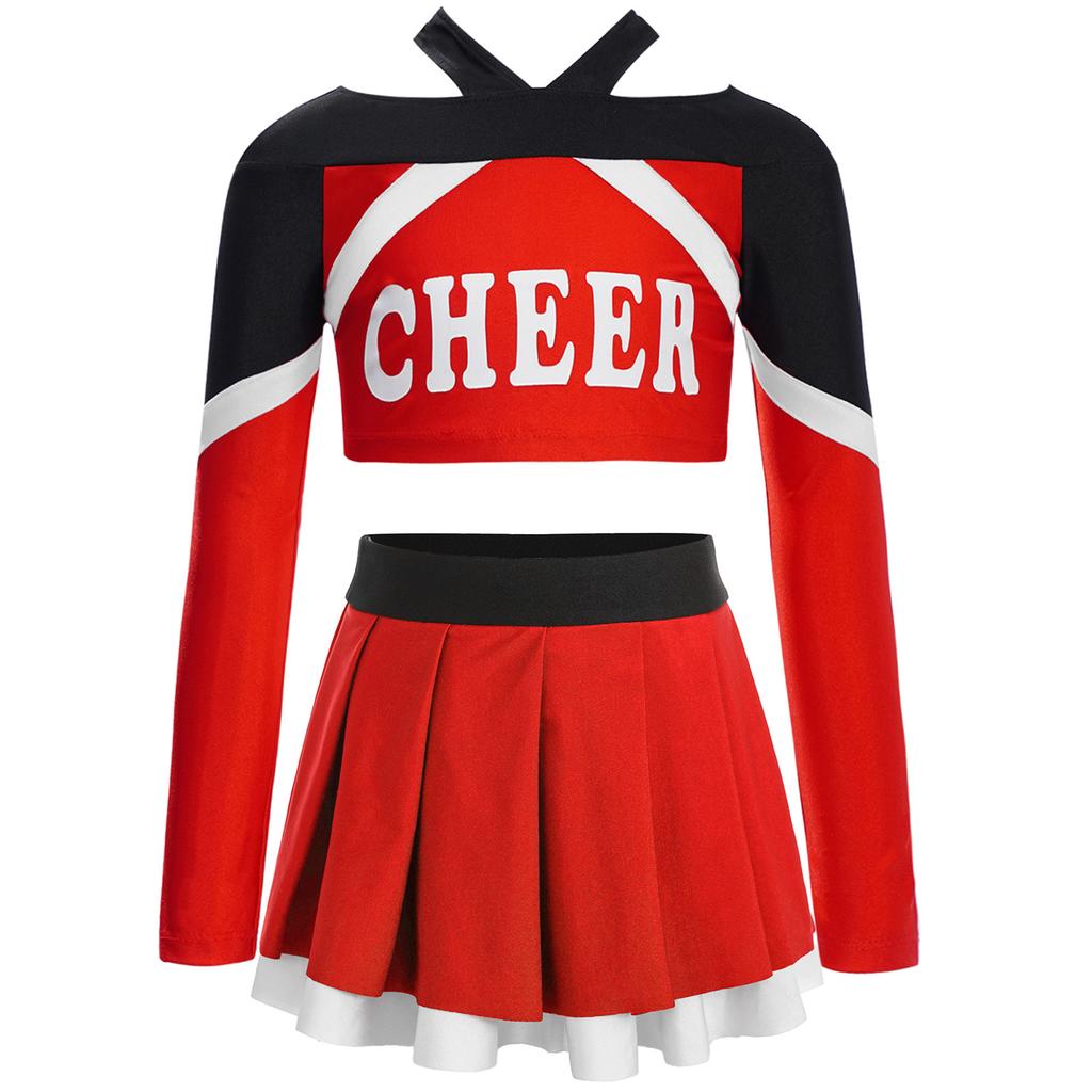 Girls Cheerleading Outfit Long Sleeve Letter Print Color Block Crop Top Pleated Skirt Set