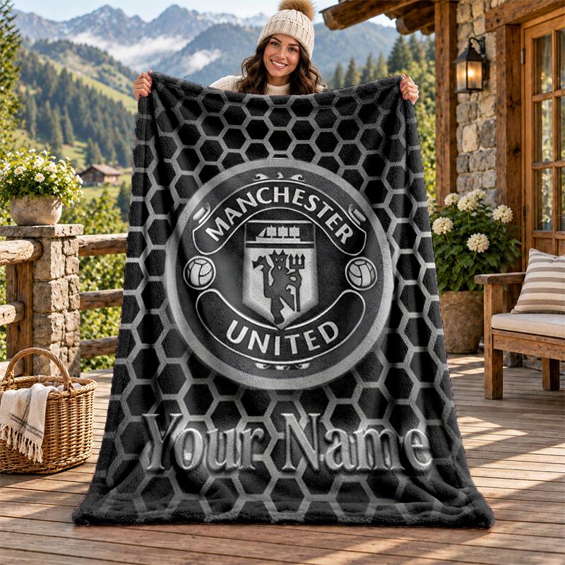 FC Manchester Custom Name Flannel Blanket Personalized Soft Warm Plush Throw Blanket Customized Gift for Family Friends