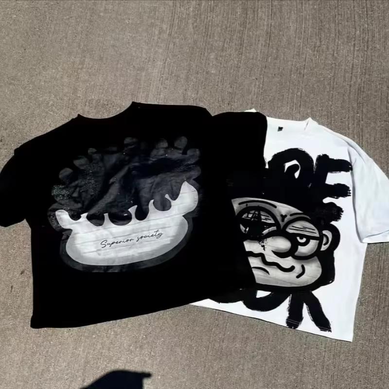 GLYDE Vintage Big Face Graphic Print Cotton T-Shirt Men Y2K Short Sleeves Vintage Oversize Tshirt Streetwear