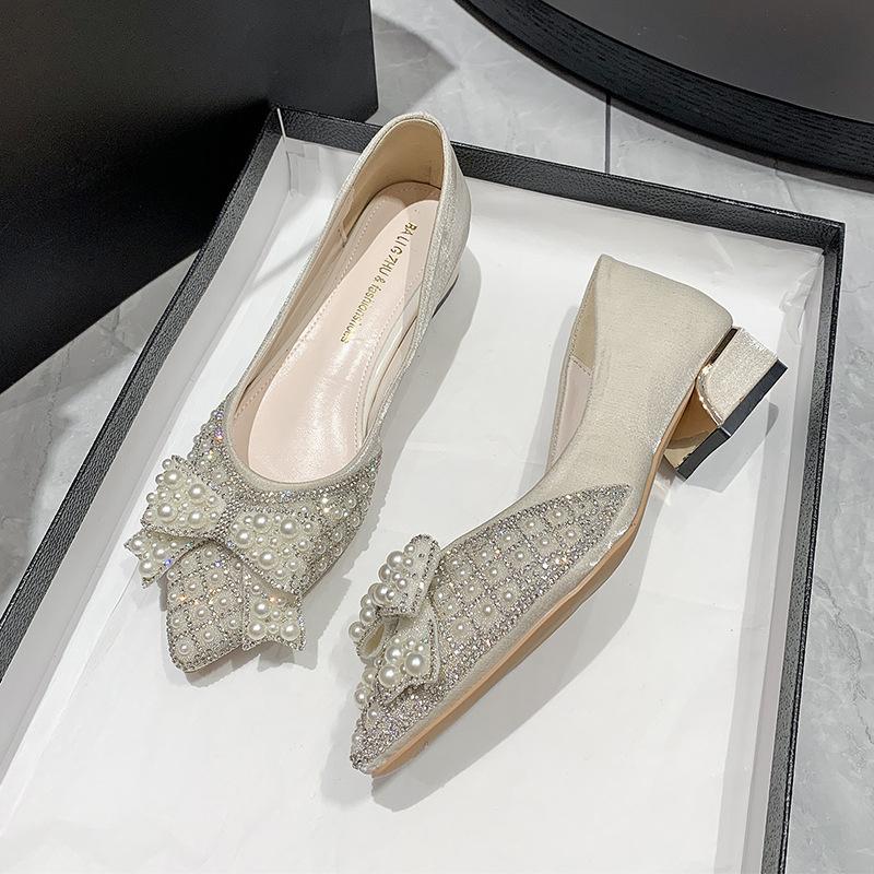 Women Luxury Pumps Spring Party Pearl Bowknot Pointed Toe Casual High Heels Shoes Girl Rhinestone Dress Shoes