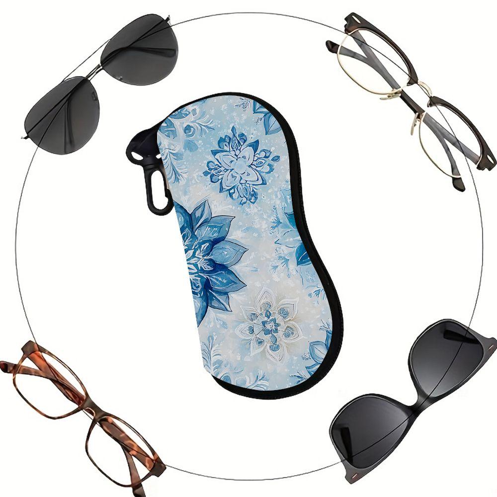 2D-Blue Floral Watercolor Print Sunglasses Case, Protective Eyewear Pouch with Pattern, Portable Soft Eyeglasses Storage Bag for Travel and Daily Use
