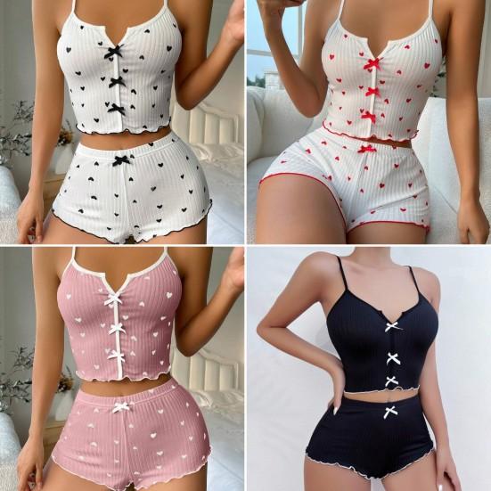 2Pcs/Set Lady Homewear Top Shorts Suit Heart Print Bow Decor Sleeveless Backless Vest Elastic High Waist Short Pants Camis