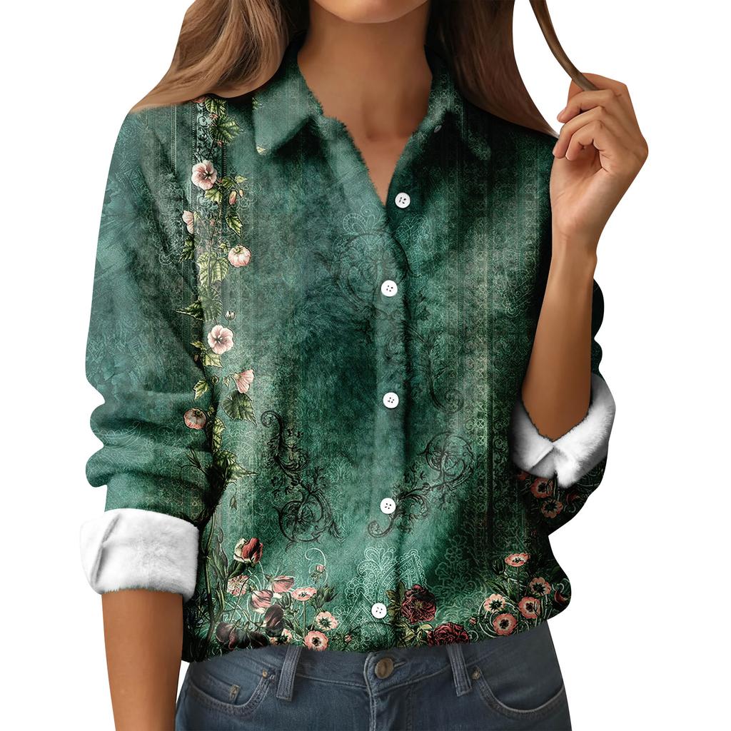 Женская рубашка-блузка с принтом и пуговицами, длинный рукав, повседневный базовый рубашечный воротник, обычный топ